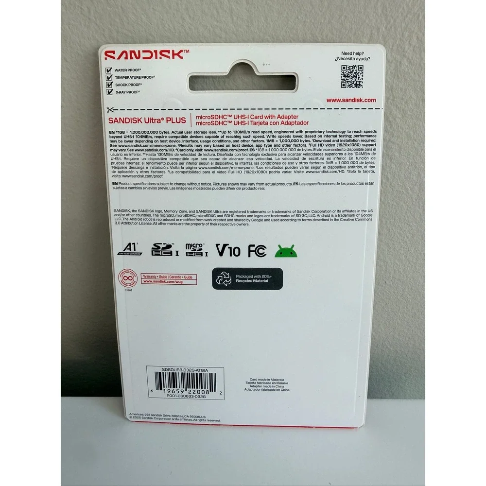 SanDisk MicroSDHC Memory Card 32GB Red White 130MB/s UHS-I Adapter NWT